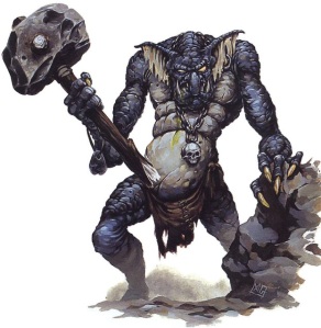A troll wielding a large stone hammer, emerging from the mists of a rocky crag 